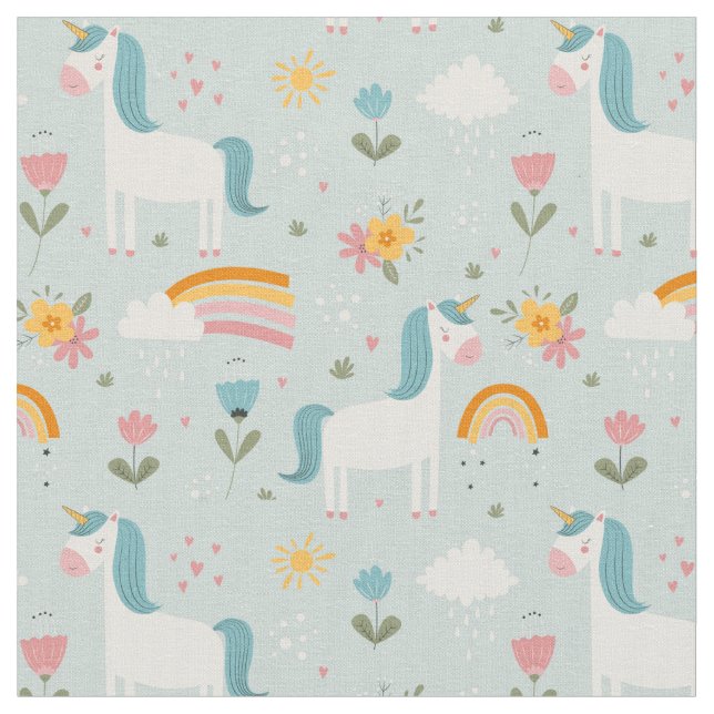 Cute pastel Rainbow Unicorn Pattern Fabric (Close Up)