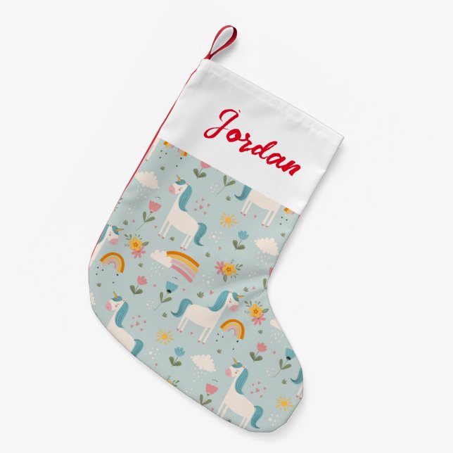 Cute pastel Rainbow Unicorn Pattern Small Christmas Stocking (Front (Hanging))