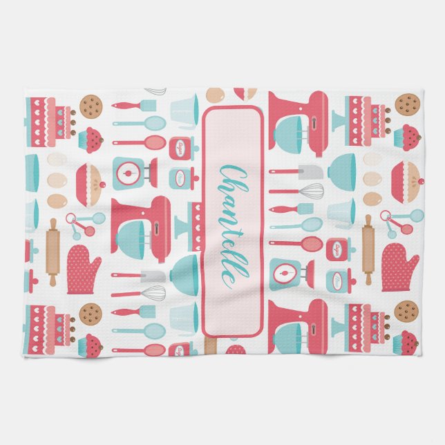 Cute pastel retro kitchen utensils pattern kitchen towel (Horizontal)