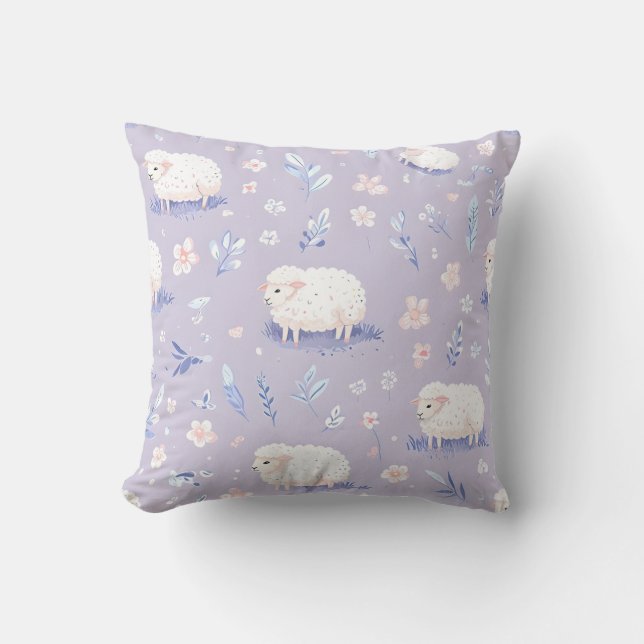 Cute Pastel Sheep and Floral Pattern Throw Pillow (Front)