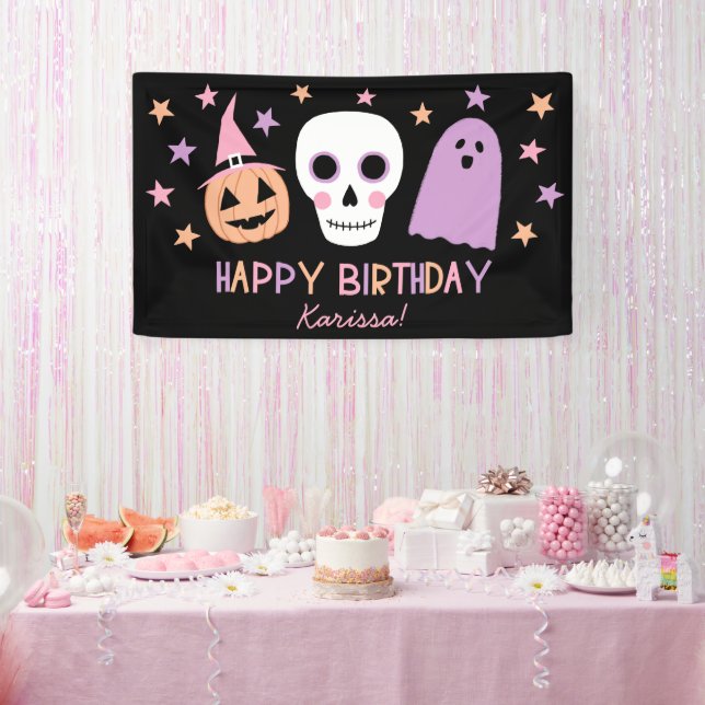 Cute Pastel Skull Ghost Halloween Birthday Name Banner (Party)