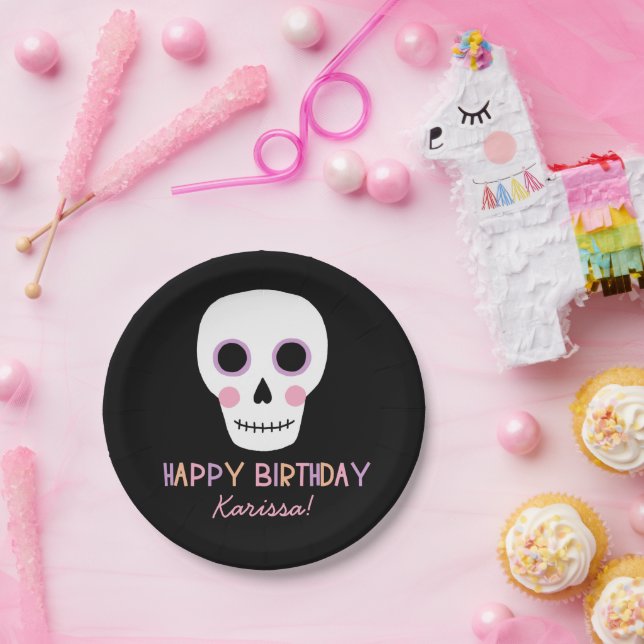 Cute Pastel Skull Halloween Birthday Name Paper Plate (Party)