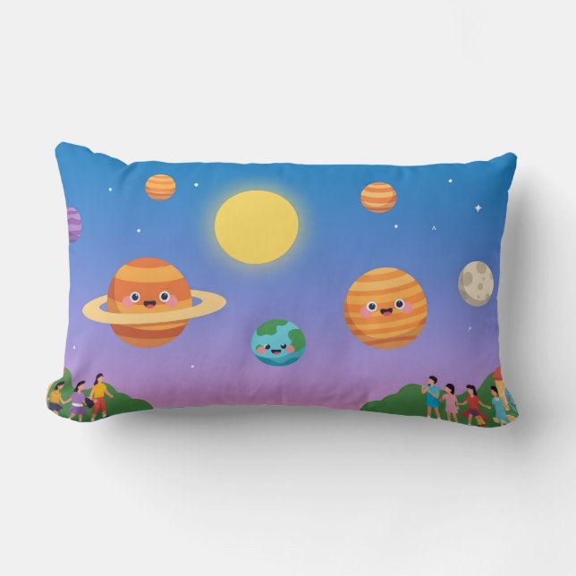 Cute Pastel Solar System – Cartoon Planets Art Lumbar Pillow (Front)