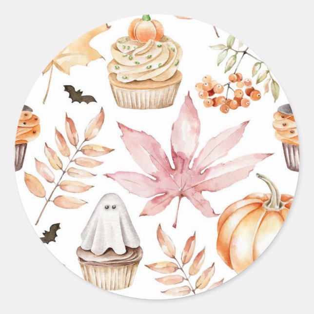 Cute Pastel Spooky Cupcakes Pattern Halloween Classic Round Sticker (Front)