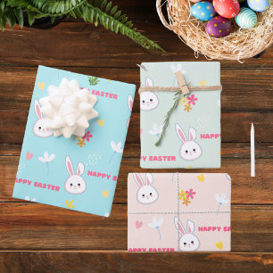 Cute Pastel Spring Blooms Bunny Happy Easter  Wrapping Paper Sheet
