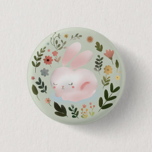 Cute Pastel Spring Bunny Floral Wreath Nursery Art 1 Inch Round Button