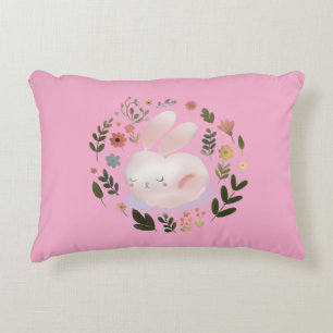 Cute Pastel Spring Bunny Floral Wreath Nursery Art Accent Pillow