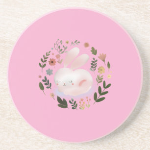 Cute Pastel Spring Bunny Floral Wreath Nursery Art Coaster