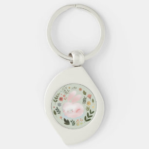 Cute Pastel Spring Bunny Floral Wreath Nursery Art Keychain