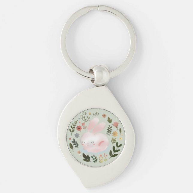 Cute Pastel Spring Bunny Floral Wreath Nursery Art Keychain (Front)