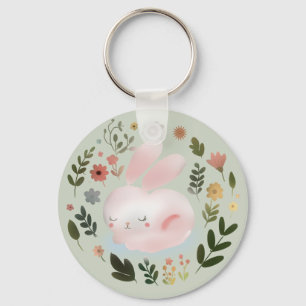 Cute Pastel Spring Bunny Floral Wreath Nursery Art Keychain
