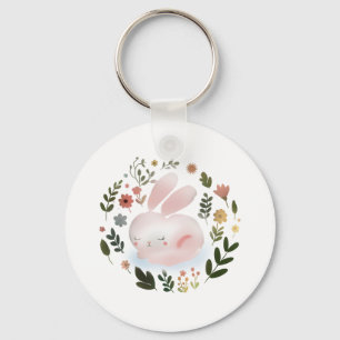 Cute Pastel Spring Bunny Floral Wreath Nursery Art Keychain
