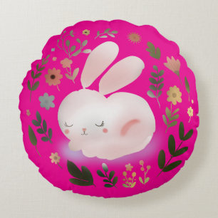 Cute Pastel Spring Bunny Floral Wreath Nursery Art Round Pillow