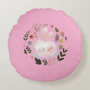 Cute Pastel Spring Bunny Floral Wreath Nursery Art Round Pillow