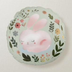 Cute Pastel Spring Bunny Floral Wreath Nursery Art Round Pillow