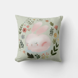 Cute Pastel Spring Bunny Floral Wreath Nursery Art Throw Pillow