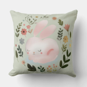 Cute Pastel Spring Bunny Floral Wreath Nursery Art Throw Pillow