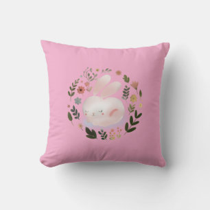 Cute Pastel Spring Bunny Floral Wreath Nursery Art Throw Pillow