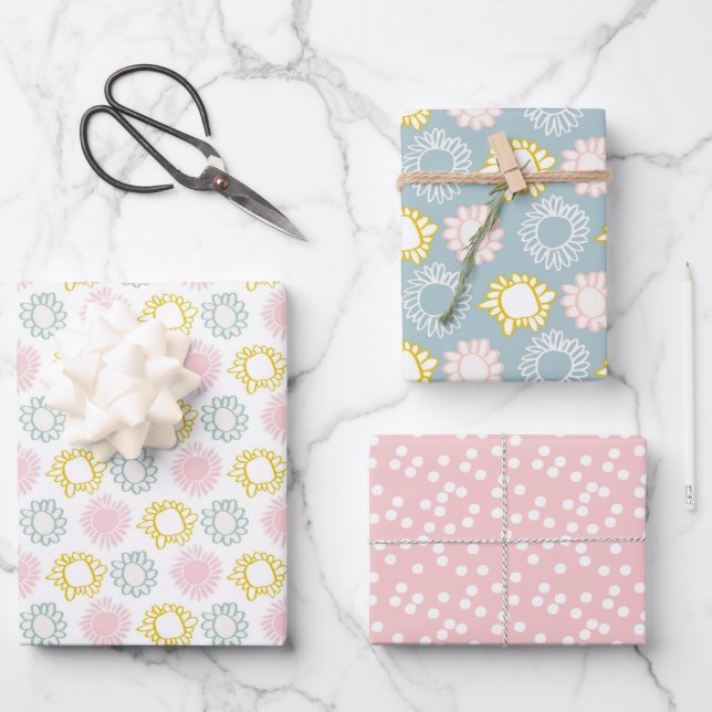 Cute Pastel Spring Flowers, Polkadots & Stripes Wrapping Paper Sheet (Front)