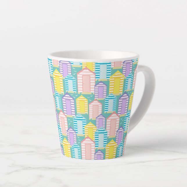 Cute Pastel Striped Beach Huts on Ocean Blue Latte Mug (Right Angle)
