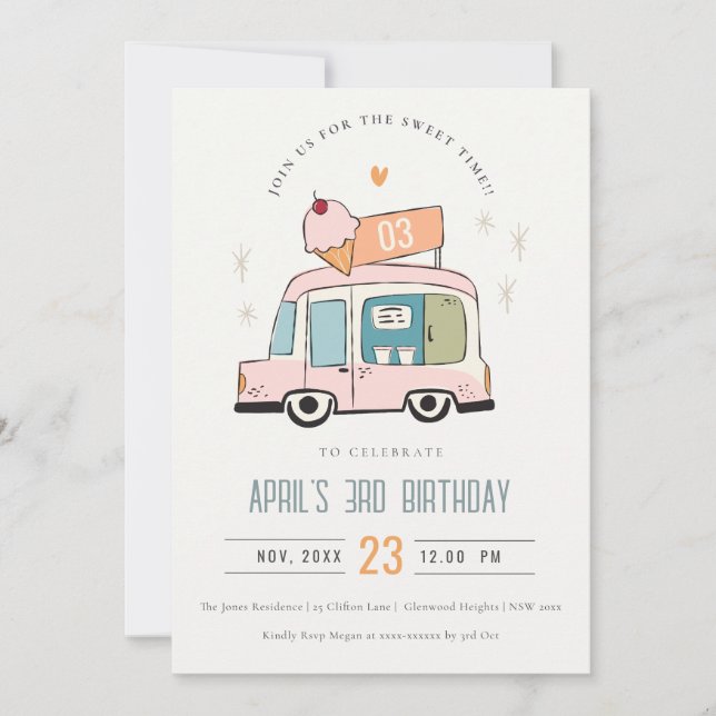 Cute Pastel Sweet Time Ice Cream Truck Birthday Invitation (Front)