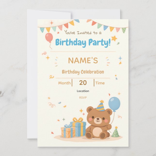 Cute Pastel Teddy Bear Kids Birthday Invitation (Devant)