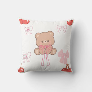 Cute Pastel Teddy Bear Pink Bow Dreamy Aesthetic Throw Pillow