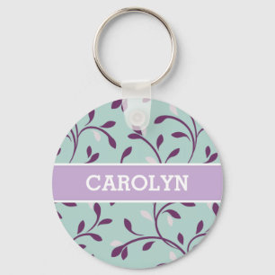 Cute pastel turquoise floral pattern monogram keychain