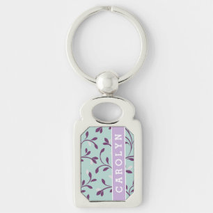 Cute pastel turquoise floral pattern monogram keychain