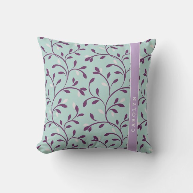 Cute pastel turquoise floral pattern monogram throw pillow (Front)