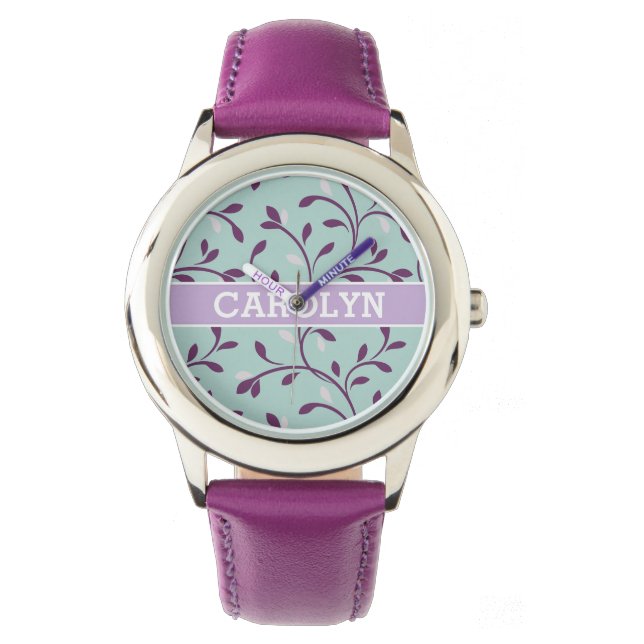 Cute pastel turquoise floral pattern monogram watch (Front)