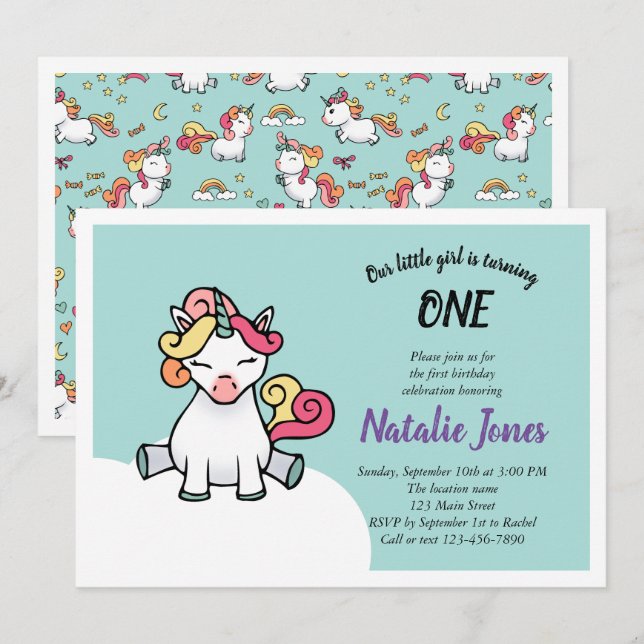 Cute pastel unicorn 1ère invitation (Devant / Derrière)