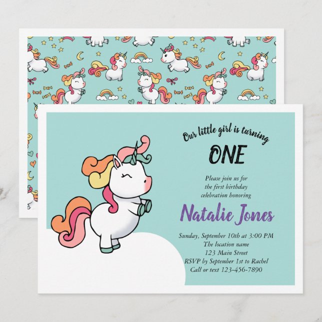 Cute pastel unicorn 1ère invitation (Devant / Derrière)