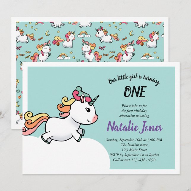 Cute pastel unicorn 1ère invitation (Devant / Derrière)