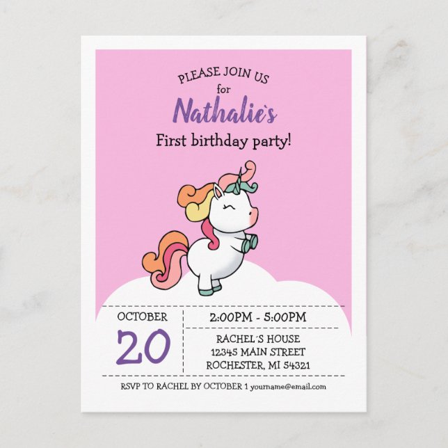 Cute pastel unicorn 1ère invitation (Devant)