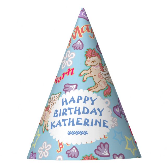 Cute Pastel Unicorn Blue. Party Hat (Front)