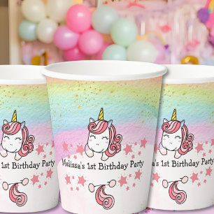 Cute Pastel Unicorn & Rainbow Birthday Party Paper Cups