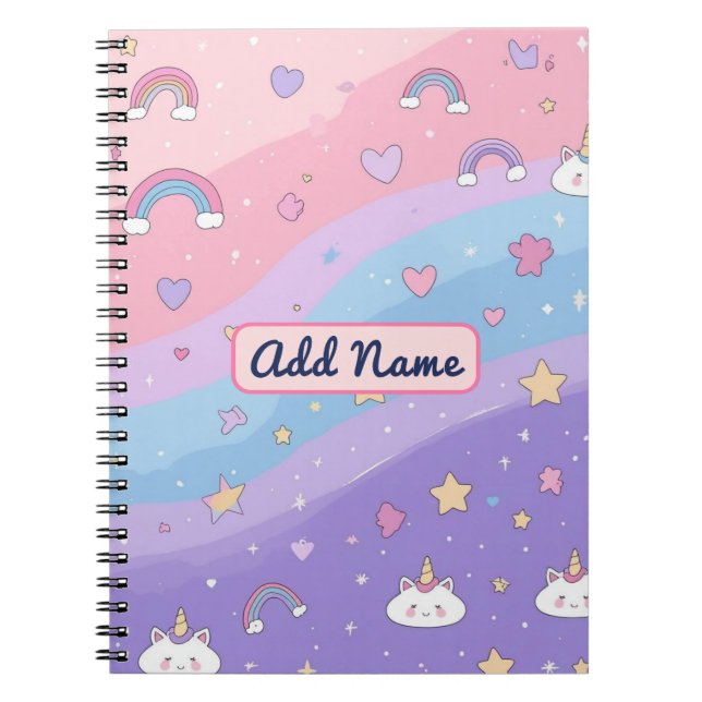 Cute Pastel Unicorn Rainbow Notebook – Editable Na (Front)