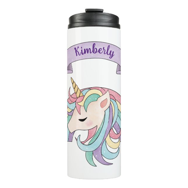 Cute Pastel Unicorn & Sparkly Rainbow Custom Name Thermal Tumbler (Front)