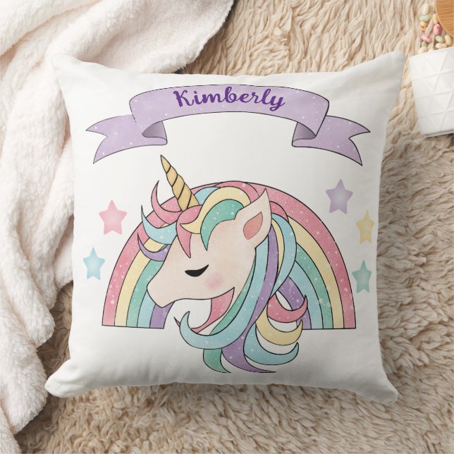 Cute Pastel Unicorn & Sparkly Rainbow Custom Name Throw Pillow (Blanket)