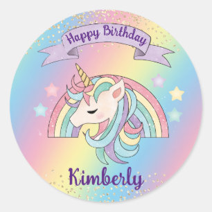 Cute Pastel Unicorn & Sparkly Rainbow Gold Glitter Classic Round Sticker
