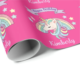 Cute Pastel Unicorn & Sparkly Rainbow on Hot Pink Wrapping Paper