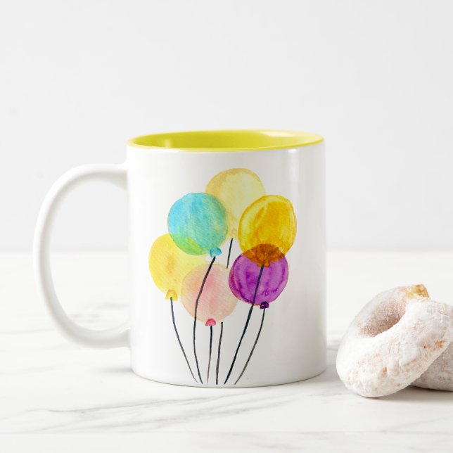 Cute pastel watercolor balloons Two-Tone coffee mug (With Donut)