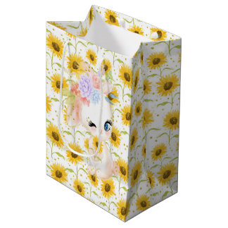 CUTE PASTEL WATERCOLOR BUNNY WITH SUNFLOWERS MEDIUM GIFT BAG