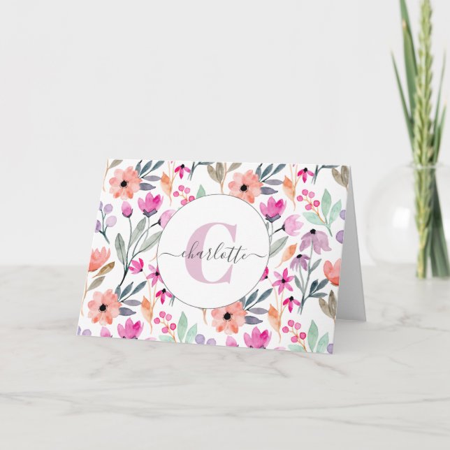 Cute Pastel Watercolor Flowers Monogrammed Card (Front)