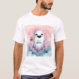 Cute Pastel Watercolor Ghost "I Love Coffee" Hallo T-Shirt