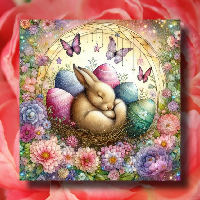 Cute Pastel Watercolor Sleepy Bunny Easter Eggs Holiday Card (Creator Uploaded)