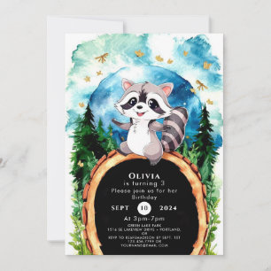 Cute Pastel Woodland Raccoon Birthday Invitation
