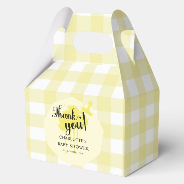 Cute Pastel Yellow Gingham Baby Girl Shower Favor Box (Front)
