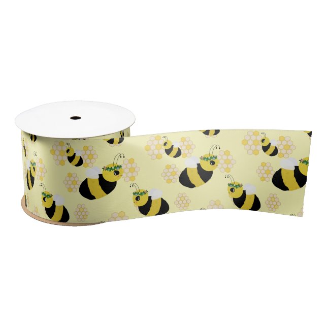 Cute Pastel Yellow Honey Bee and Honeycomb Kid's Satin Ribbon (Spool)